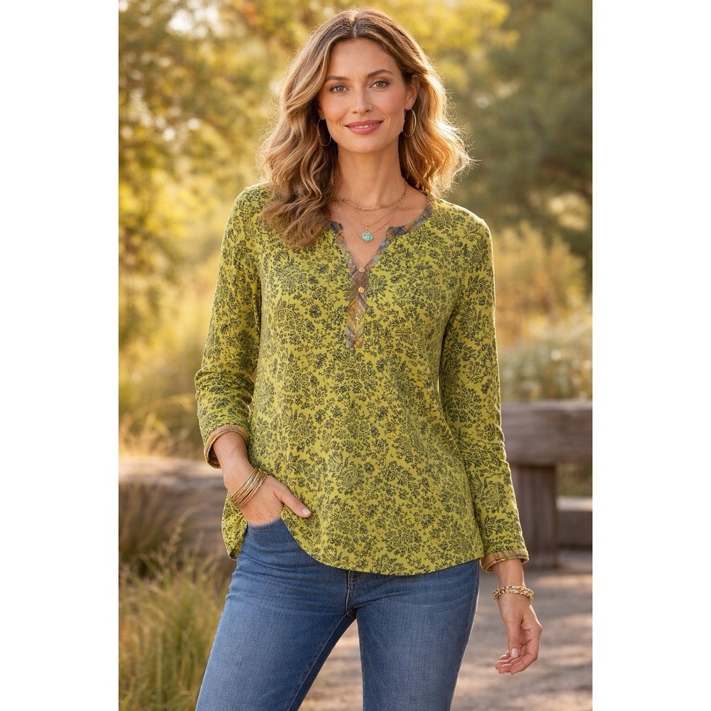 Sundance Green Floral Henley Top Womens L Gauzy 100% Cotton Western‎ Boho Spring